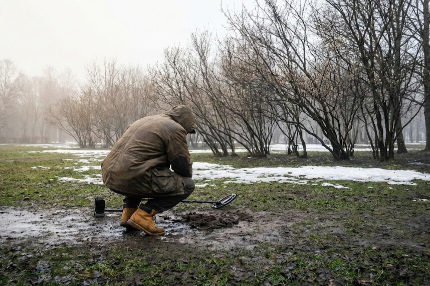 Metal detectorist hunting for coins in early spring park with bare ground and minimal vegetation showing optimal detecting conditions