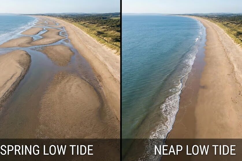 Side-by-side beach comparison showing spring tide low water exposing 300 meters versus neap tide exposing 50 meters of hunting area