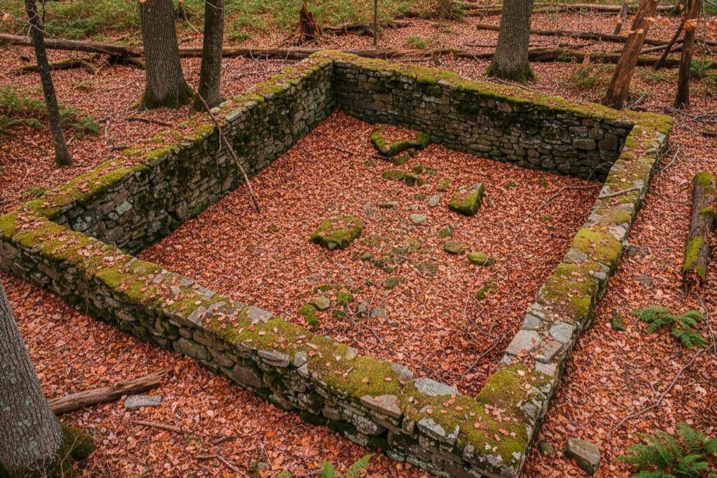 Rectangular stone-lined cellar hole depression in woods showing old homestead foundation remains for relic hunting