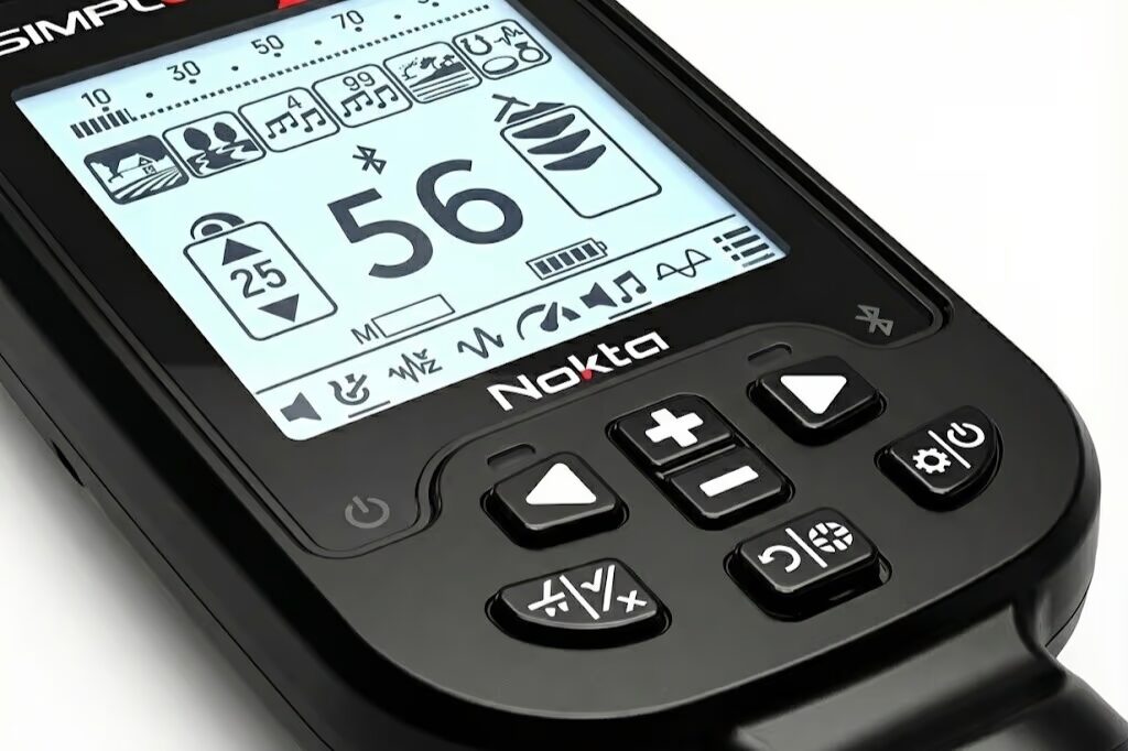 Metal detector target identification display showing conductivity scale for coin shooting and treasure hunting