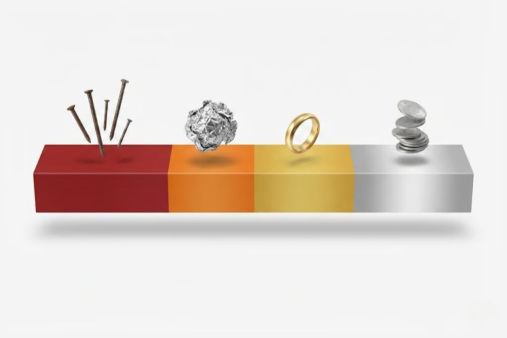 Color-coded VDI scale from 0 to 99 showing iron, aluminum, gold, and silver ranges with visual representations of coins and metal objects