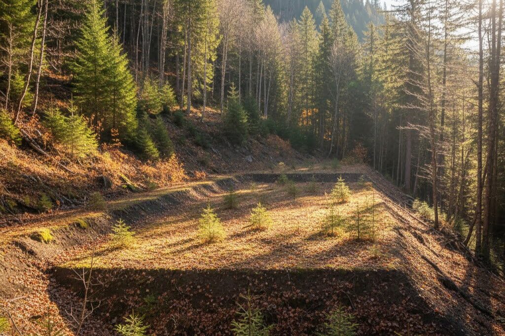 Level ground terracing on wooded slope revealing forgotten homestead site location for metal detecting