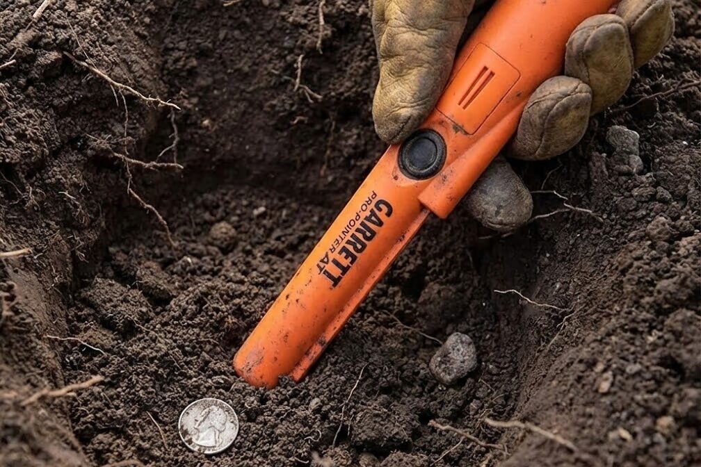 Metal detectorist using orange pinpointer in freshly dug hole to locate coin target in soil
