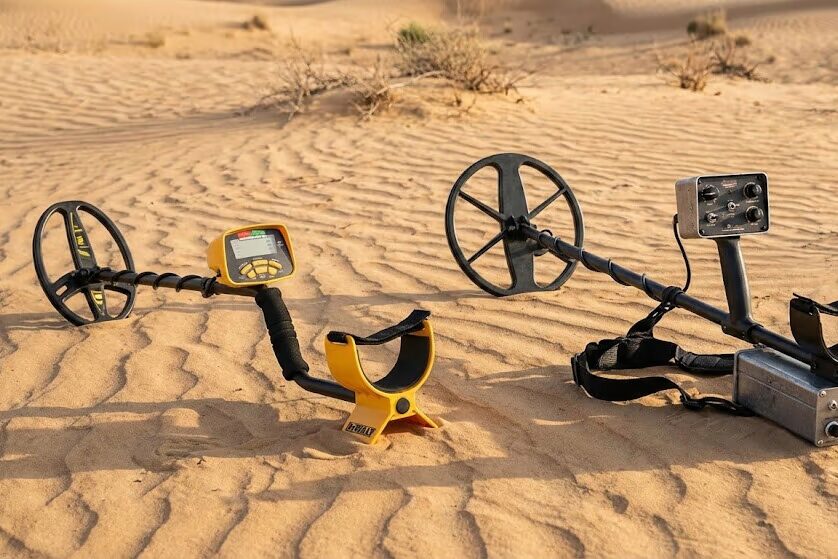 Fisher Gold Bug 2 VLF detector next to Minelab GPX pulse induction detector comparison for meteorite hunting