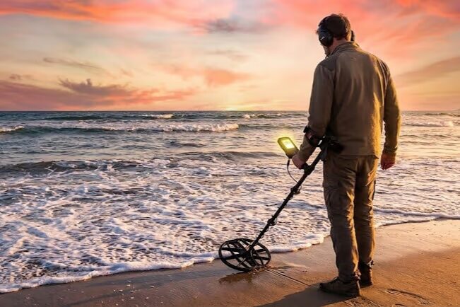  Person using Minelab Manticore waterproof metal detector at beach shoreline for saltwater treasure hunting during sunset