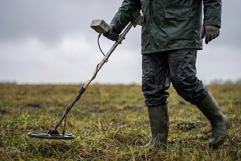 Detectorist using waterproof metal detector in light rain demonstrating proper equipment for wet ground detecting conditions
