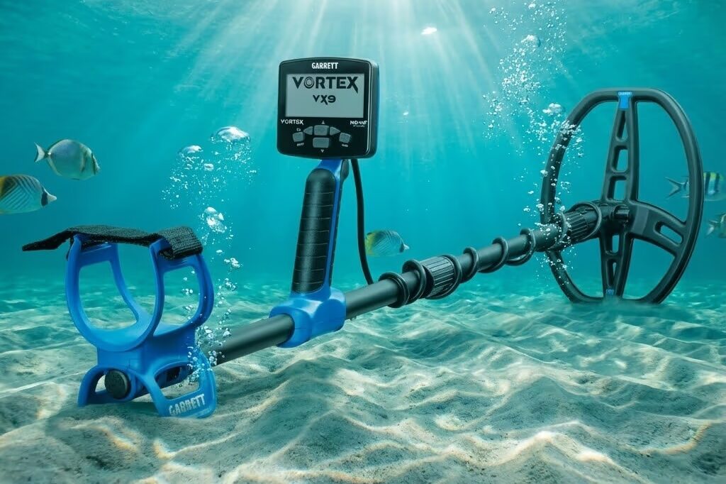 Garrett Vortex waterproof metal detector being used underwater in shallow surf zone for beach treasure hunting