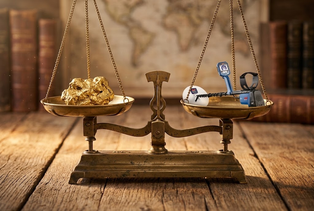Balance scale weighing a gold nugget against a metal detector to illustrate whether a $9,000 detector is worth it