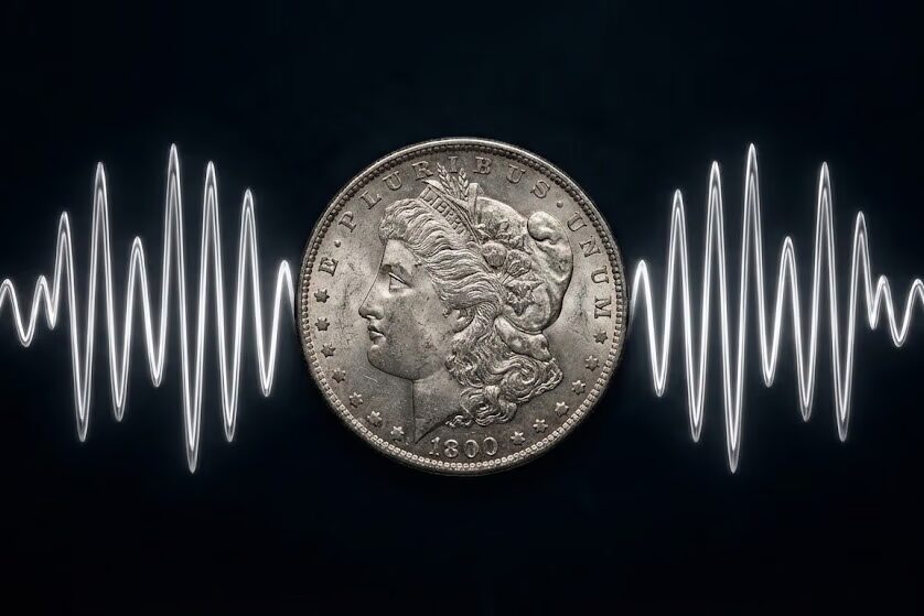  Silver Morgan dollar with clean sharp sound wave pattern showing high-pitched bell tone audio signature characteristic of silver coins