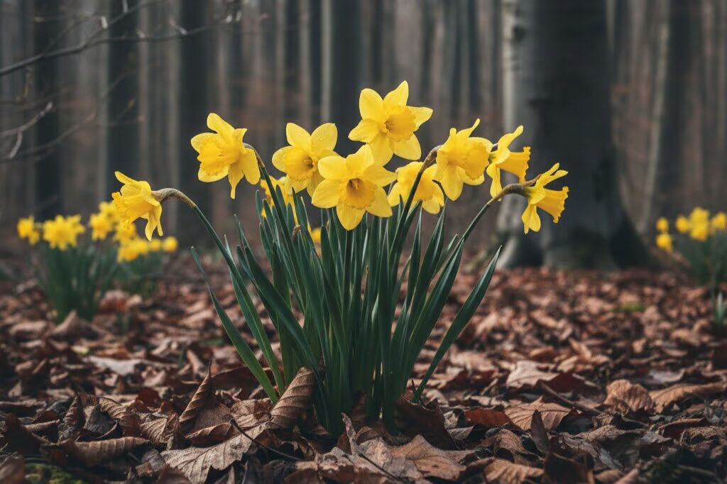 Cluster of bright yellow daffodils blooming in dense forest indicating abandoned homestead location for metal detecting