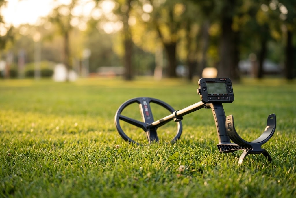 XP ICON metal detector with wireless remote and search coil on a sunny park lawn, featured in our 2026 XP ICON review