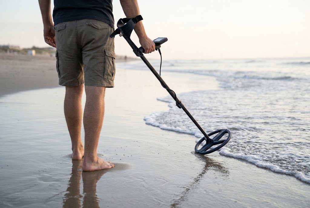 Detectorist sweeping an XP ICON metal detector across wet sand at the shoreline to illustrate beach metal detecting