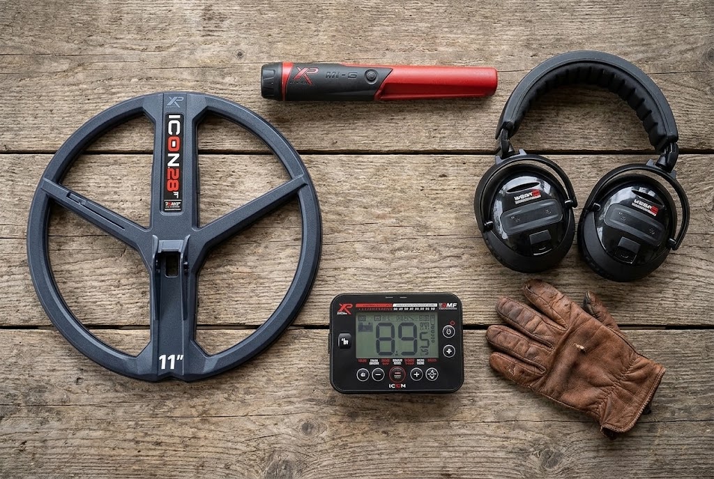 XP ICON wireless metal detector system laid out flat with coil, remote, wireless headphones and pinpointer on a wooden table