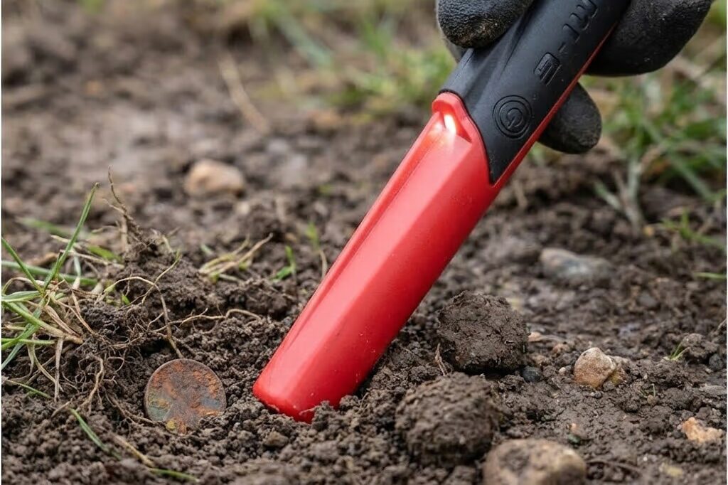 A close-up action shot of the XP MI-6 pinpointer locating a buried coin. Learn why this rugged handheld detector is an essential tool for fast target recovery in coin shooting and relic hunting.