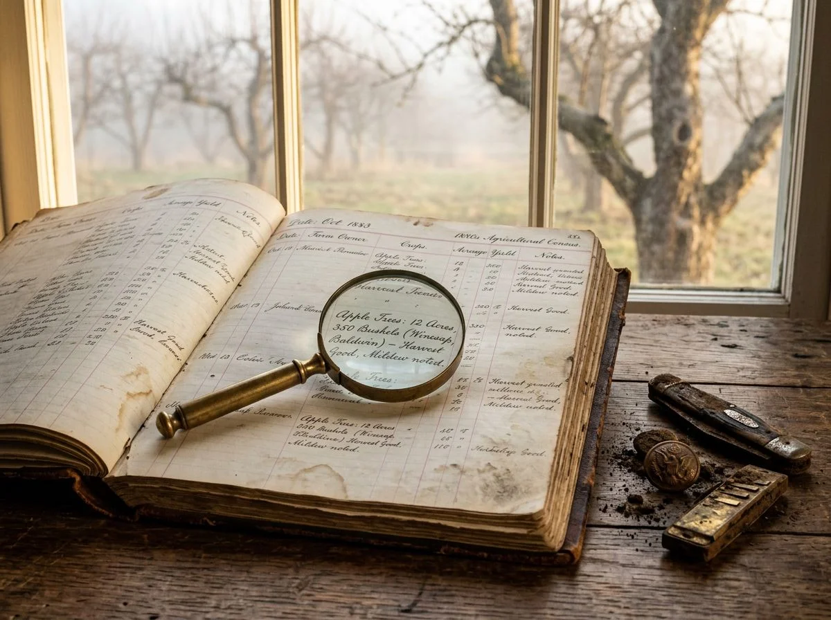 Open 1880s agricultural census ledger on a wooden table with a magnifying glass and unearthed metal relics, old orchard visible through window in soft morning light