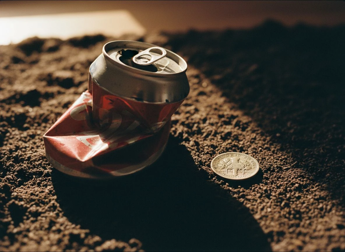 Crushed aluminum can and a silver coin resting on dark soil, illustrating false signals in metal detecting