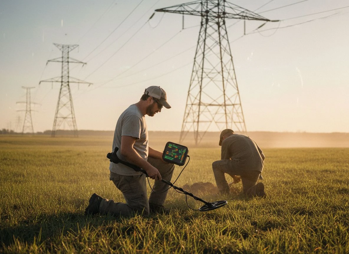 Detectorist kneeling under power lines with a modern metal detector, illustrating adaptive noise rejection