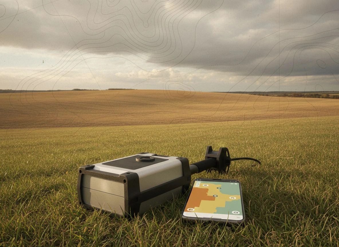 Metal detector and smartphone in a field with a subtle map overlay suggesting future connected detecting