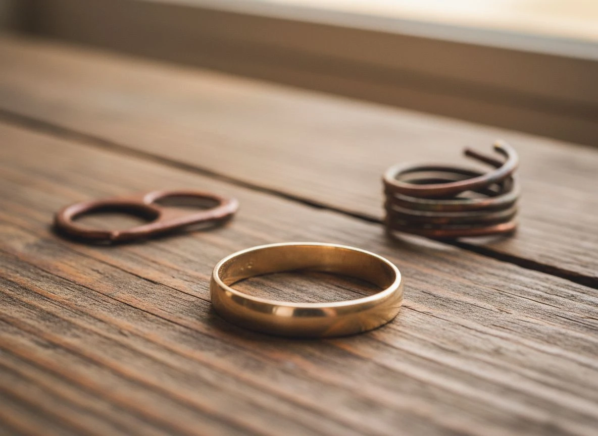 Gold ring, pull-tab, and copper wire on weathered wood showing similar sizes and overlapping target IDs