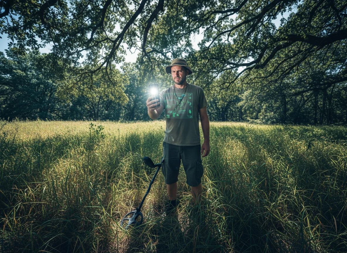 Detectorist struggling to see AR phone screen in bright sunlight under tree canopy