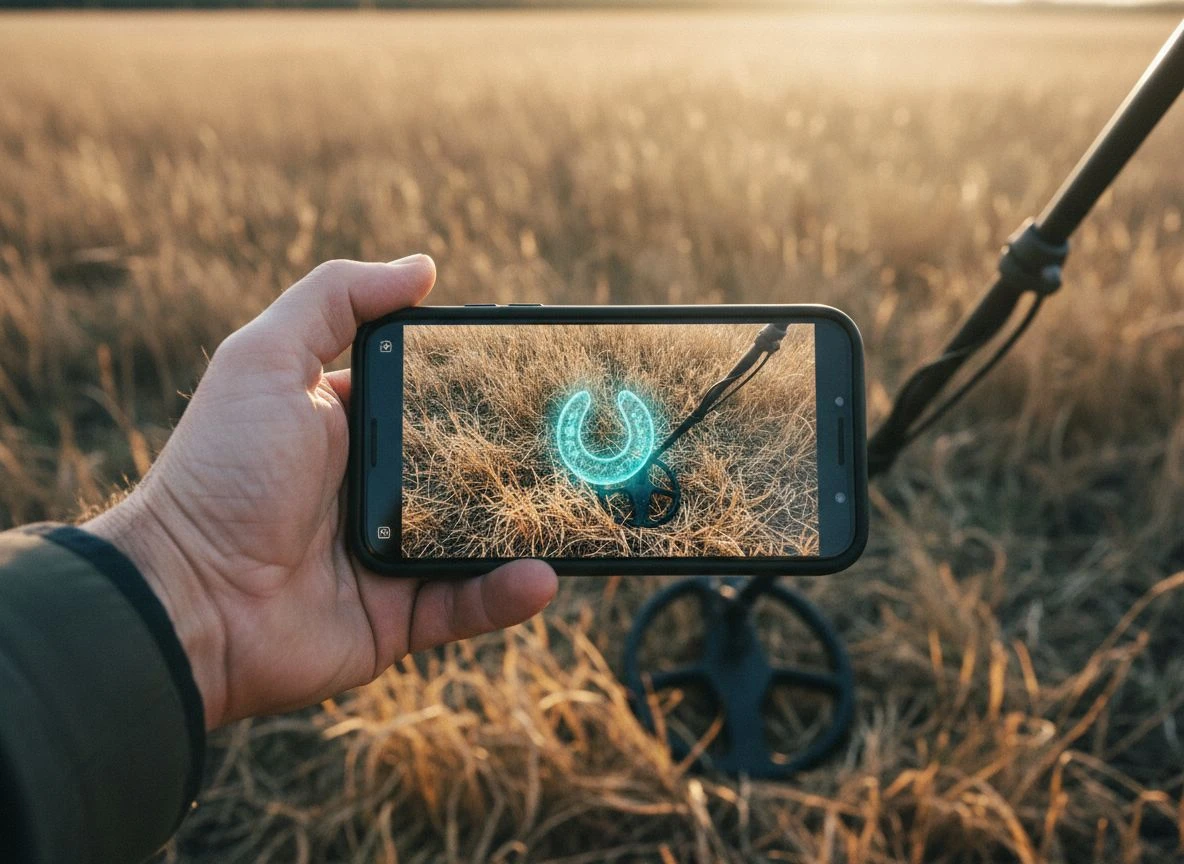 Hand holding smartphone with AR overlay showing buried object as 3D shape in a grass field