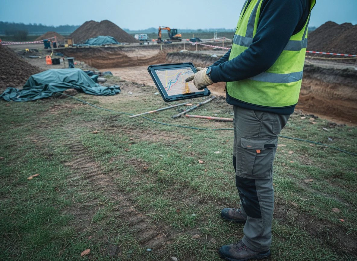 Worker using tablet with AR to view underground utility lines in a construction site
