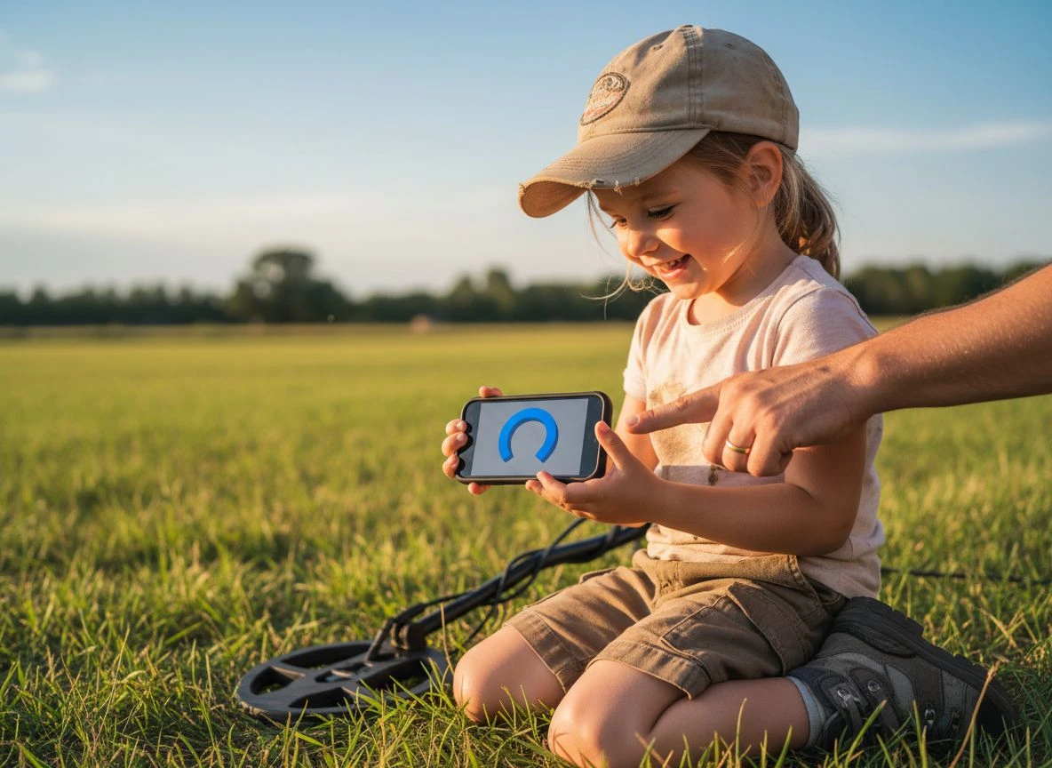 Young girl kneeling in grass holding smartphone showing AR overlay of buried object