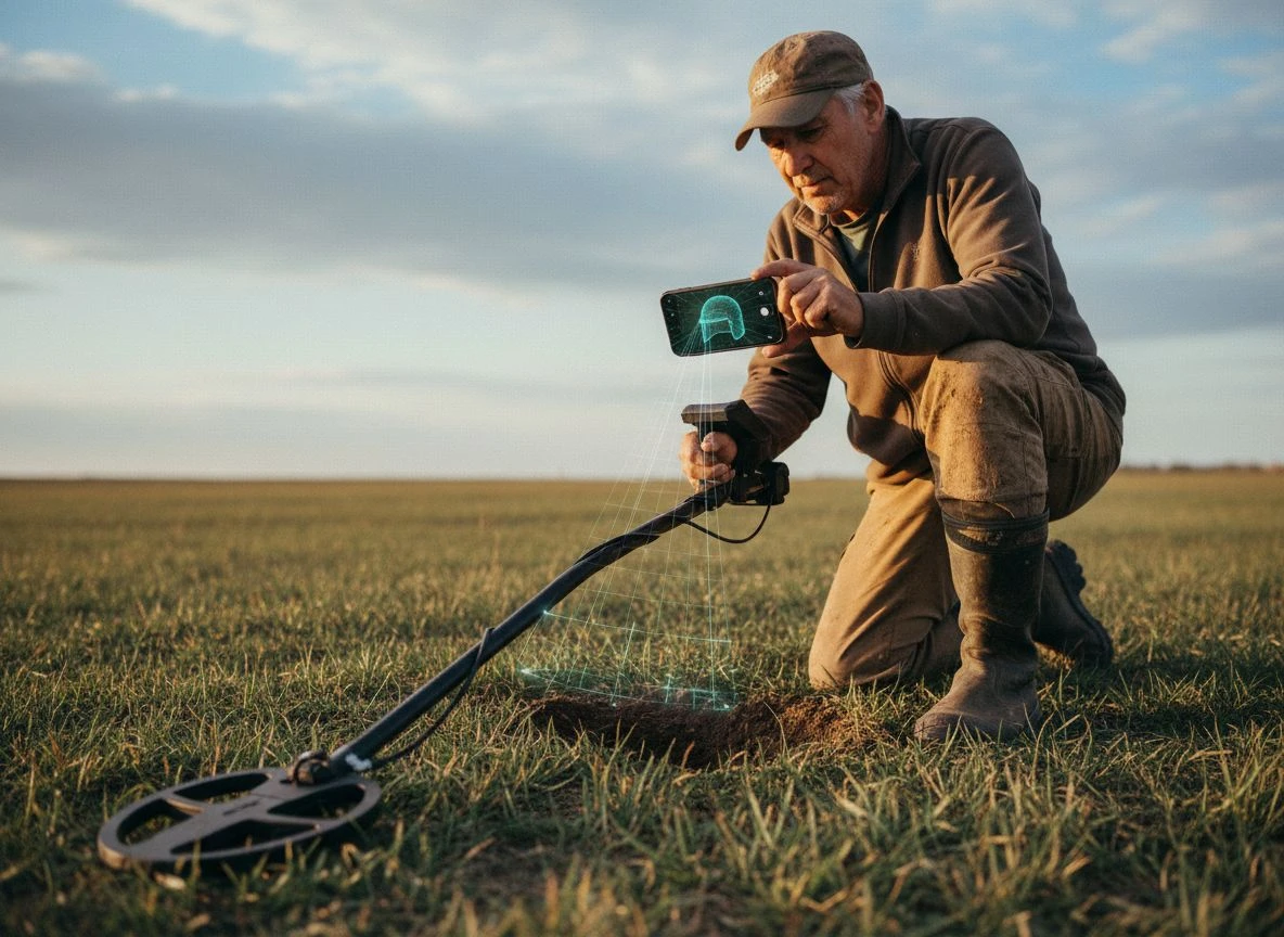 Kneeling detectorist using smartphone to view augmented reality target data on the ground