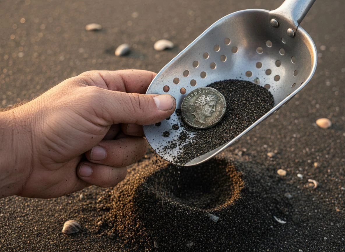 Close-up of black sand pouring from a scoop to reveal a patinated coin on a beach.