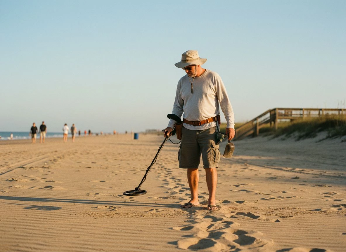 Detectorist hunting in dry sand near a beach access point with casual gear.