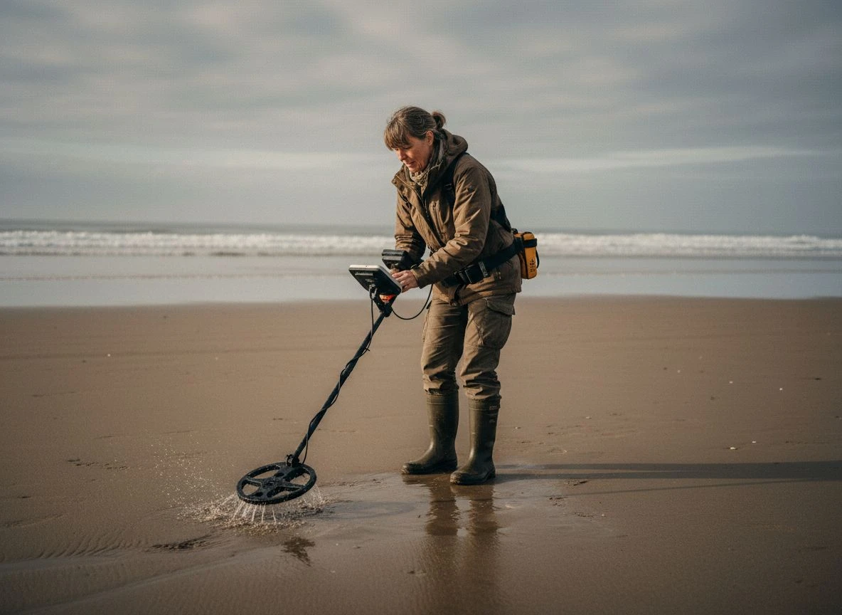 A detectorist using a metal detector on wet beach sand, demonstrating saltwater interference techniques.