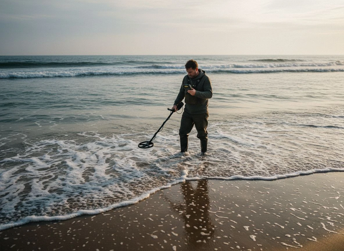Detectorist wading in surf with long-handled scoop and metal detector at low tide.