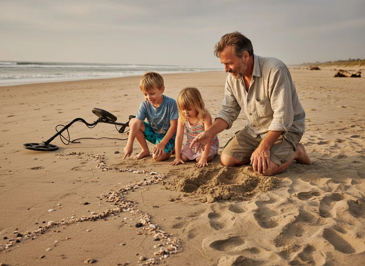 A detectorist teaching children how to read beach sand patterns and shell lines during a metal detecting outing.