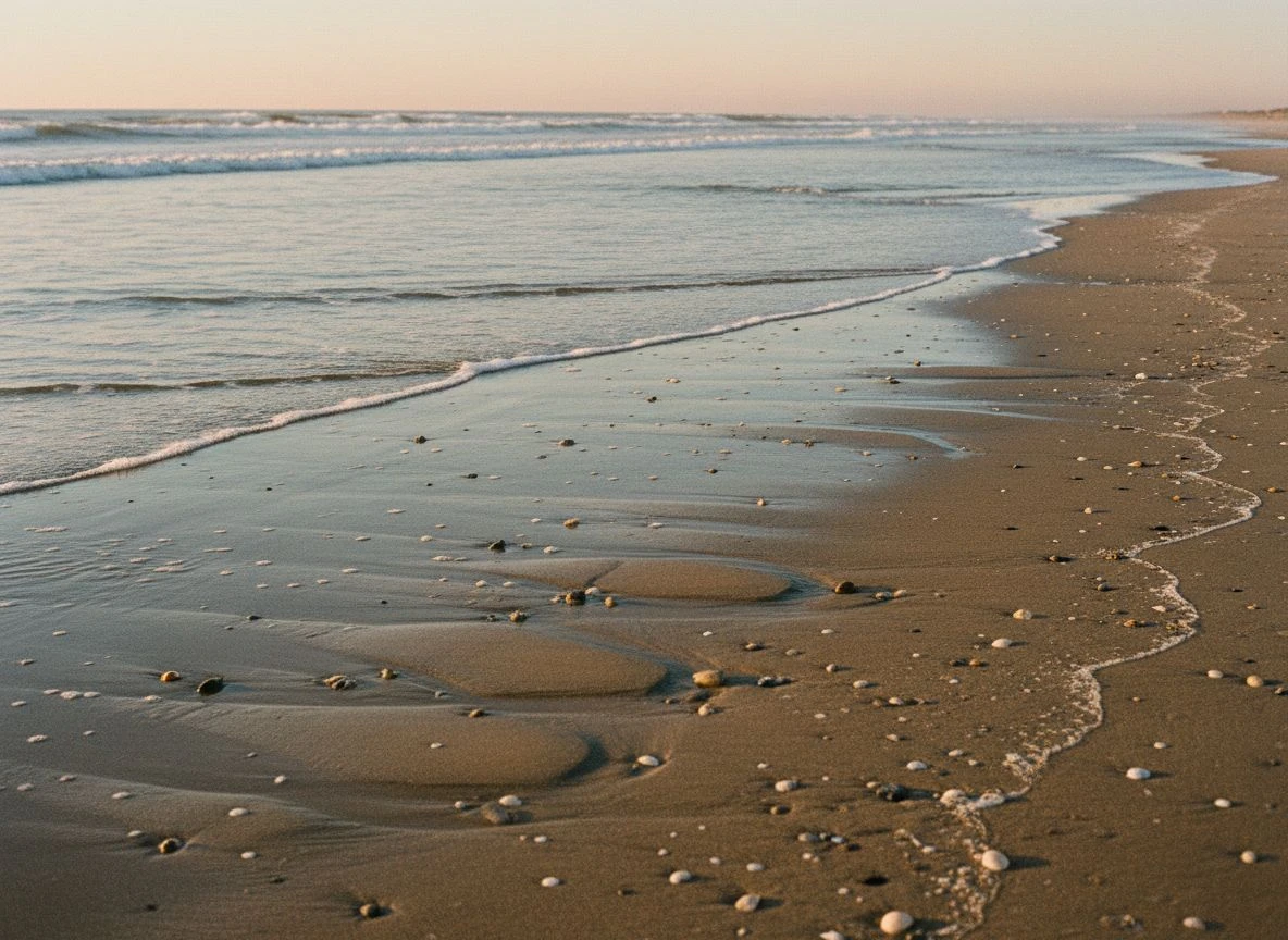 A dynamic beach scene with waves eroding sand patterns during golden hour, showing the living nature of the shoreline.