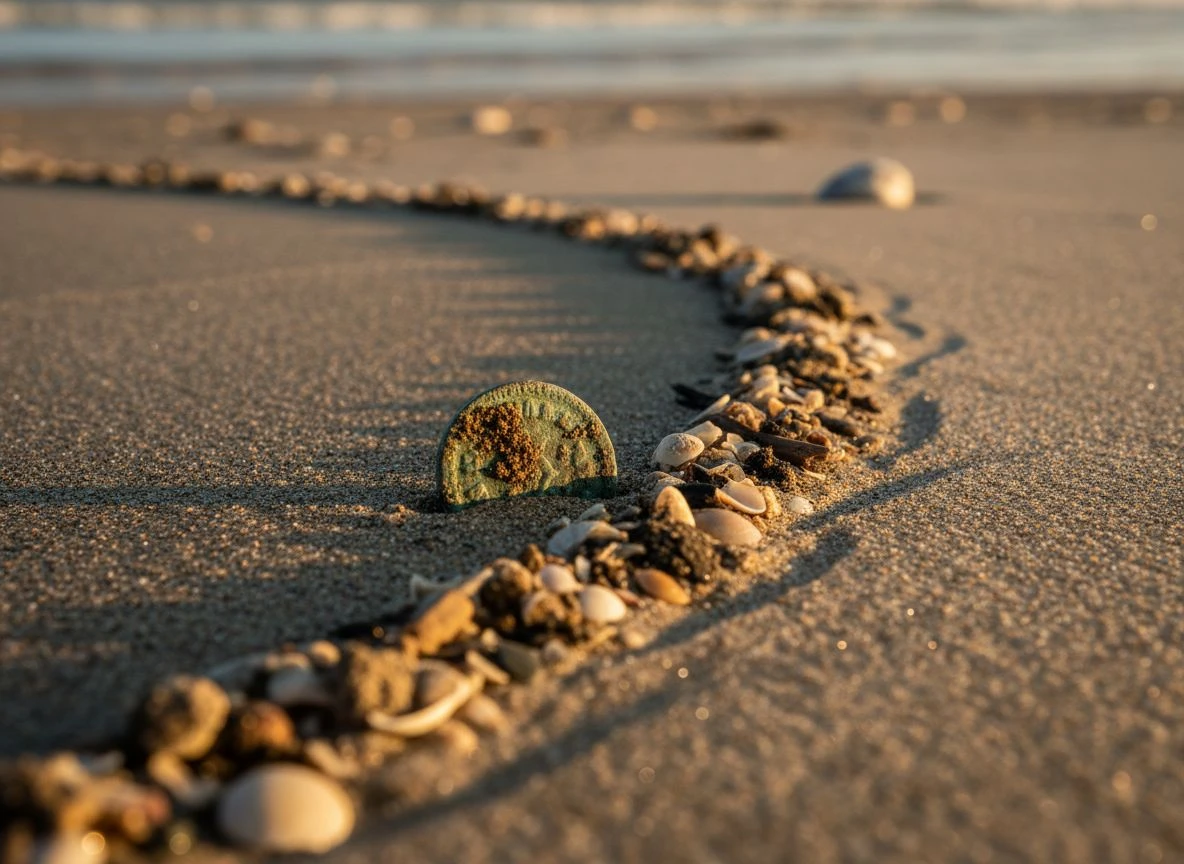 Close-up of beach sand with a shell line and a half-buried patinated coin, showing texture and find details.
