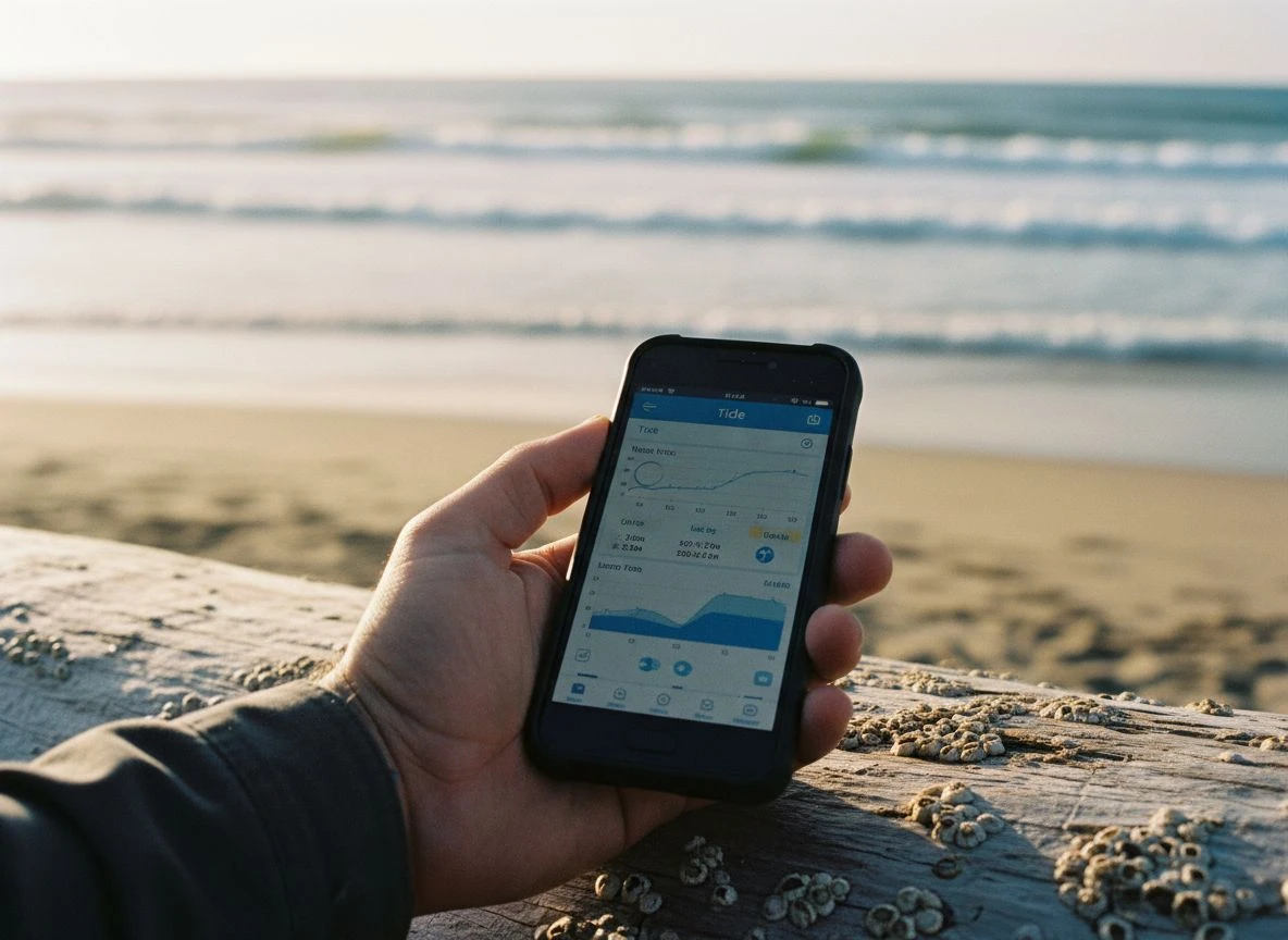 A hand holding a smartphone with a tide chart app on a beach, planning the metal detecting hunt.