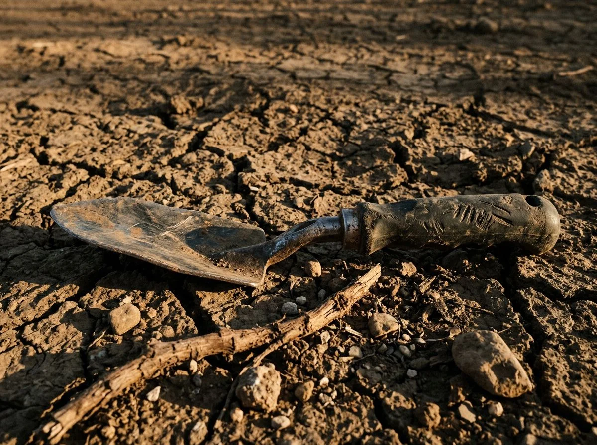 A bent and scratched metal detecting trowel lying on dry, cracked clay soil, showing why lightweight diggers fail in hard ground.