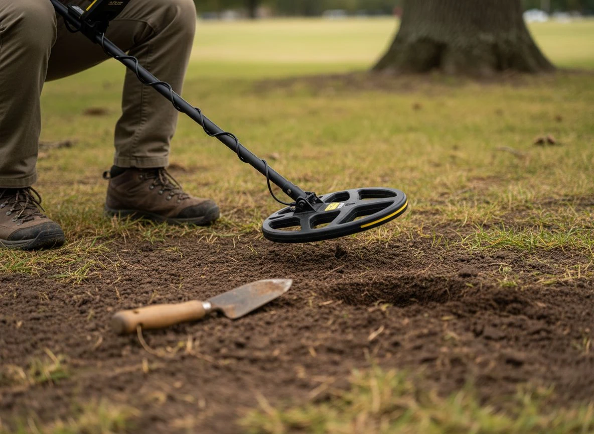 Close-up of a metal detector coil performing the slow 'wiggle' technique over dark soil in a park.