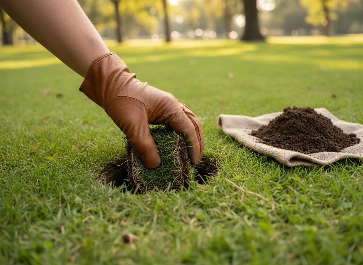 A gloved hand carefully replaces a neat grass plug in a park lawn after retrieving a target.