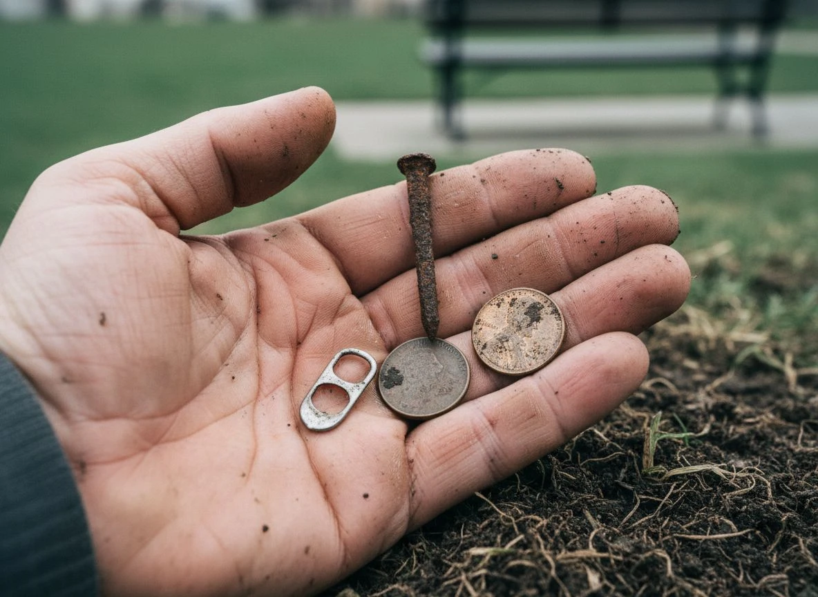 Close-up of a detectorist's hand holding urban park finds: a rusty nail, pull-tab, zinc penny, and wheat cent on dark soil.
