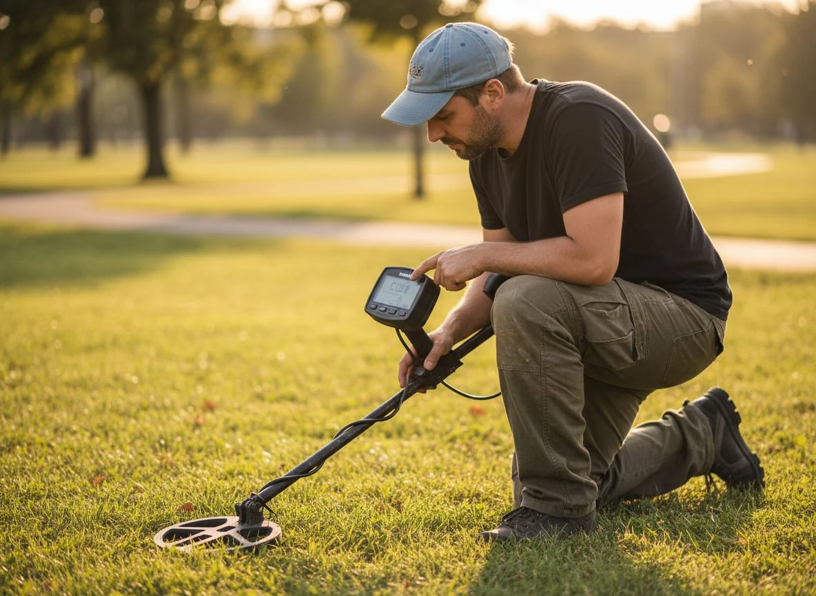 A detectorist kneels in a park, adjusting the settings on a Minelab Vanquish 540 metal detector during golden hour.