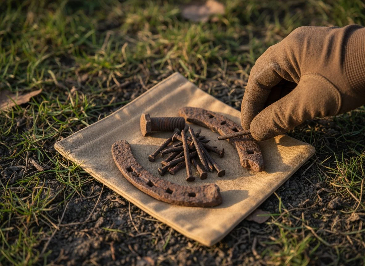 A collection of rusty square nails, bolts, and iron fragments on a finds pouch in the dirt.