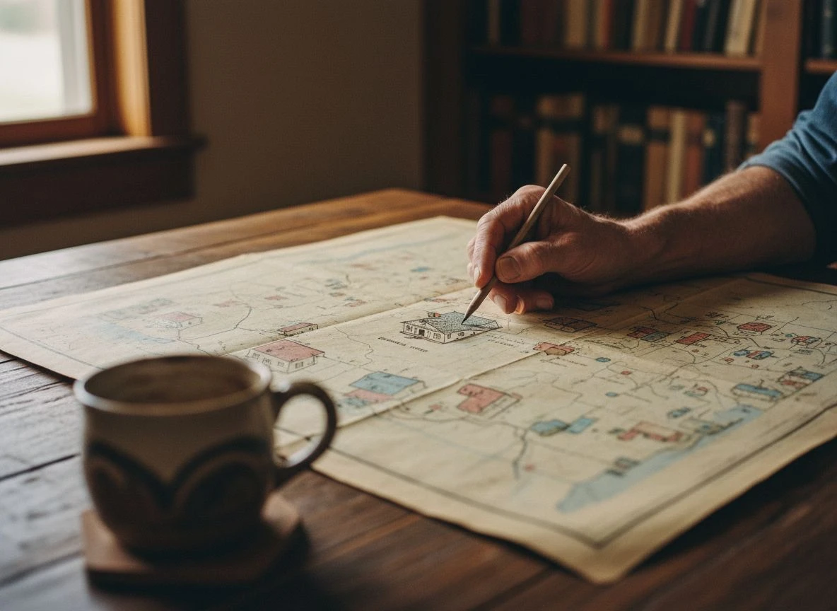 A hand points to a spot on an old Sanborn fire insurance map next to a coffee mug, illustrating historical research for metal detecting.