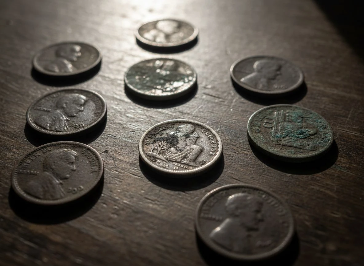 A collection of old, patinated coins including Indian Heads and a Seated Liberty dime resting on a weathered wood surface.