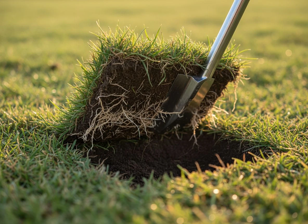 A neat, three-sided plug of grass is carefully lifted from the ground using a digging tool during target recovery.