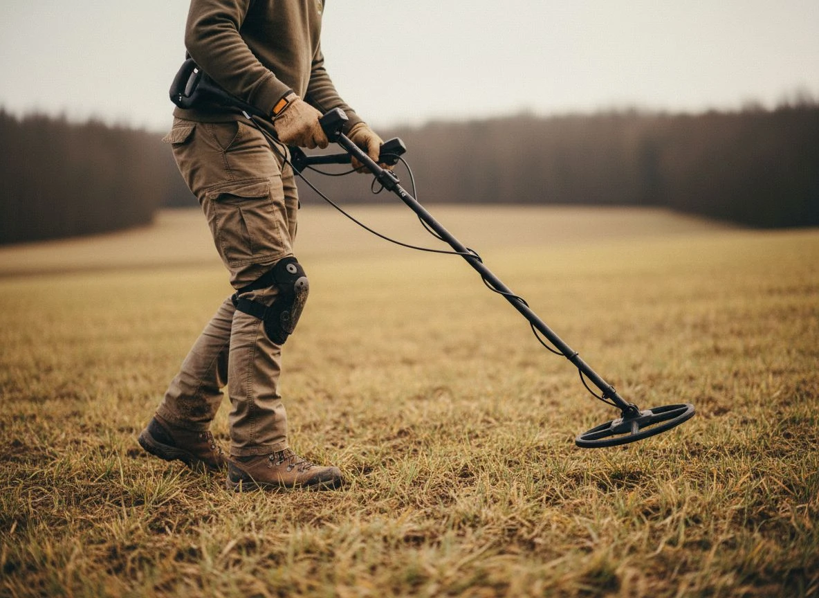 A detectorist sweeps a metal detector coil slowly and low over the ground in a grassy field, demonstrating proper technique.