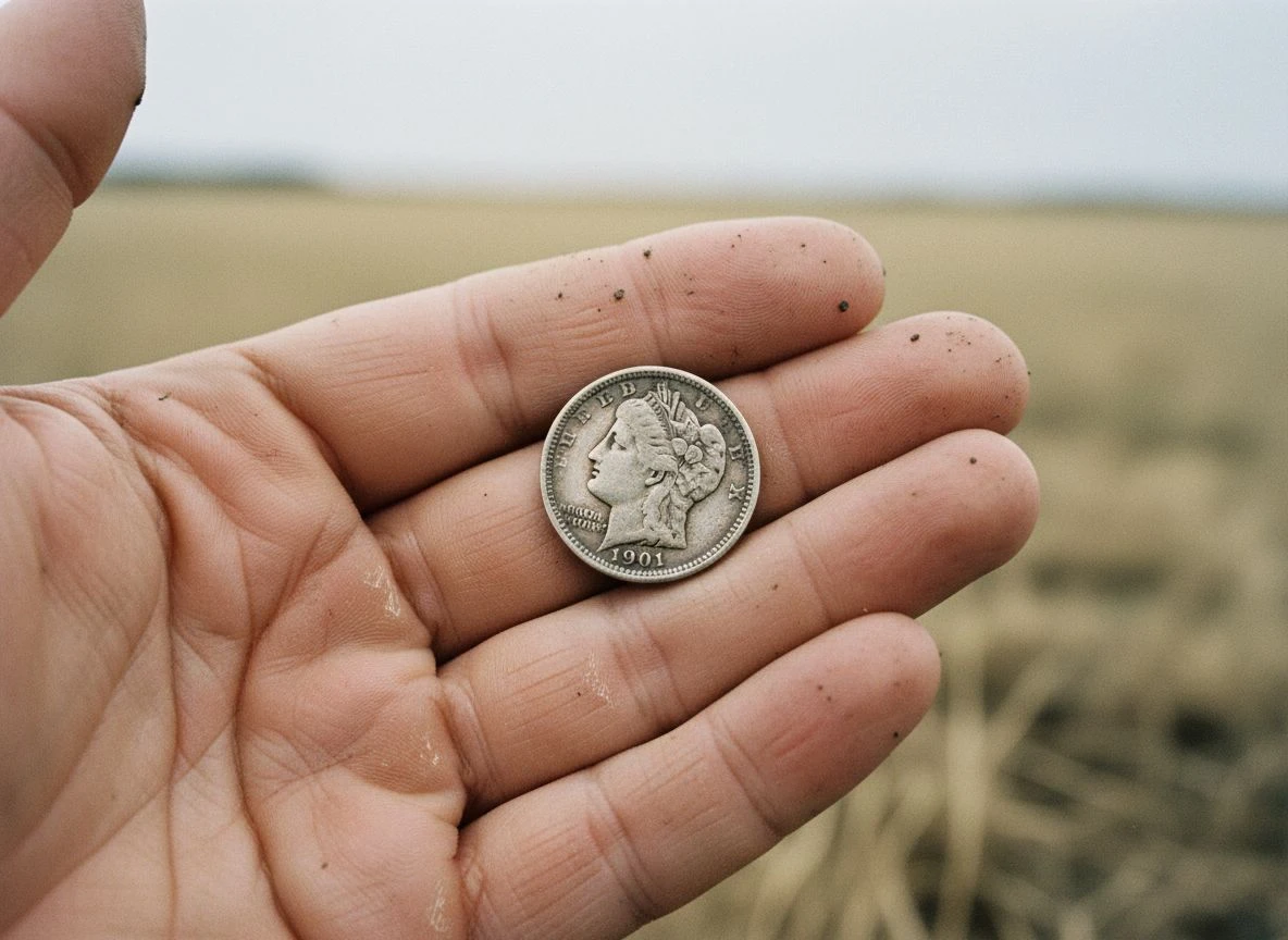 Close-up of a worn 1901 Barber dime resting in a detectorist's dirty, calloused palm.