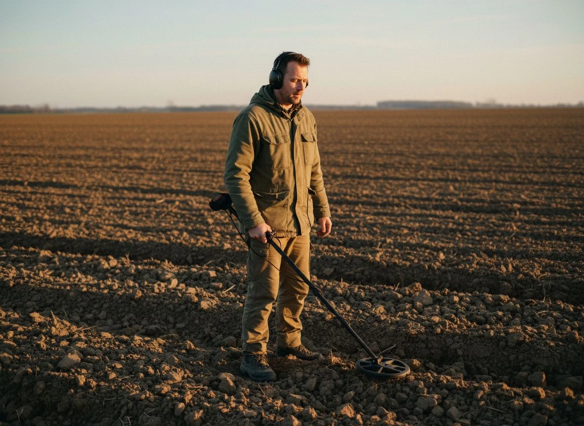 Detectorist wearing headphones, eyes closed, listening intently while sweeping a metal detector coil over soil.