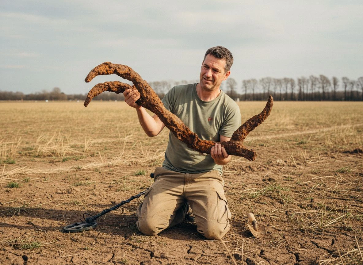 Metal detectorist kneeling in a field examining a large, rusted piece of iron farm equipment, known as 'The Claw'.