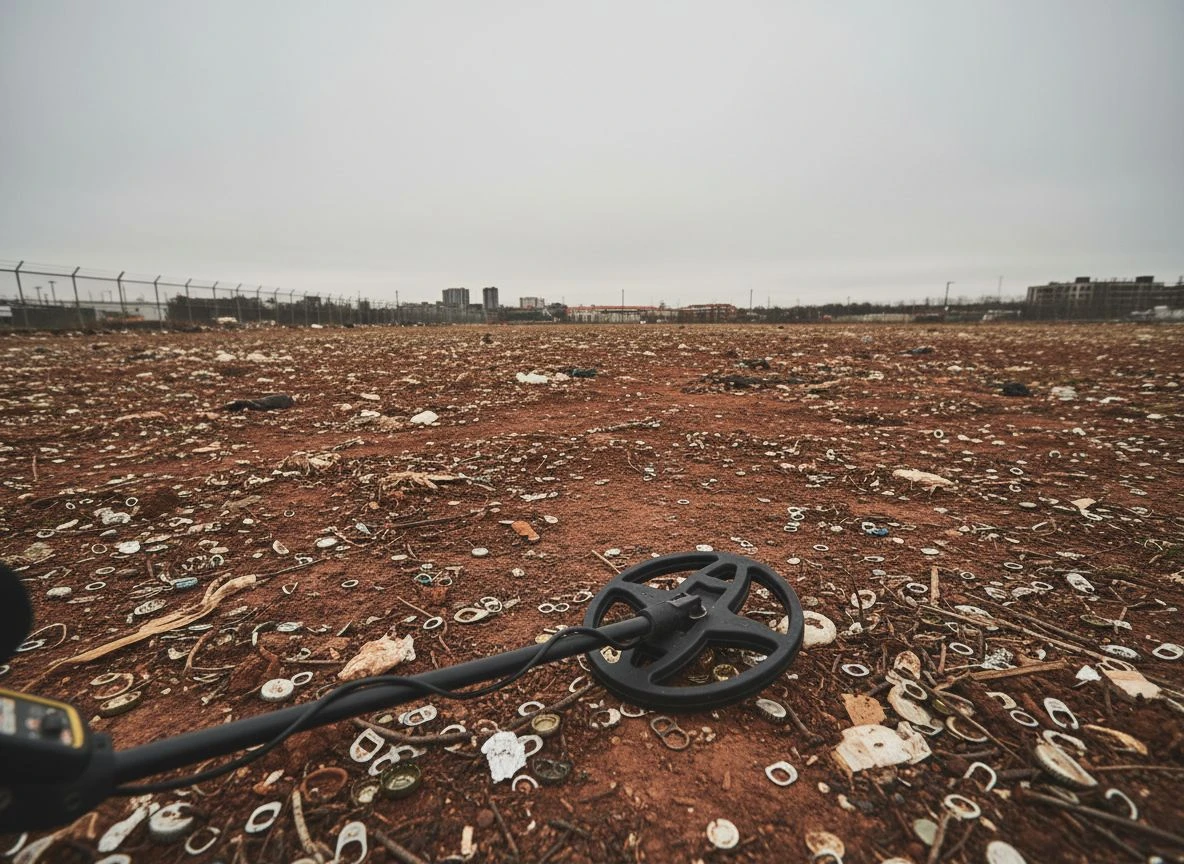 Wide shot of a trash-littered, mineralized field with a metal detector on the ground, illustrating challenging detecting conditions.
